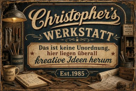 Christophers Werkstatt Hinweis Schild kreativ spritzig informativ auffallend schilder selbst gestalten