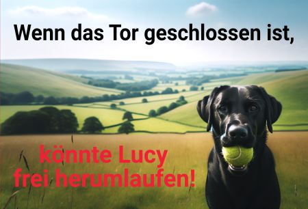 Wenn das Tor geschlossen ist  könnte Lucy frei ... Hunde Schild kreativ spritzig informativ schilder selbst gestalten